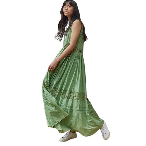 Free People Dresses & Skirts - Free People Carla Lace Maxi Dress Medium Moss Green Sleeveless Boho Long Summer